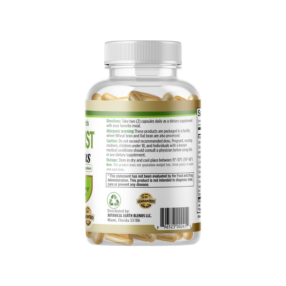 Etiqueta trasera del suplemento SlimWaist Plus con instrucciones, advertencias y datos de distribución