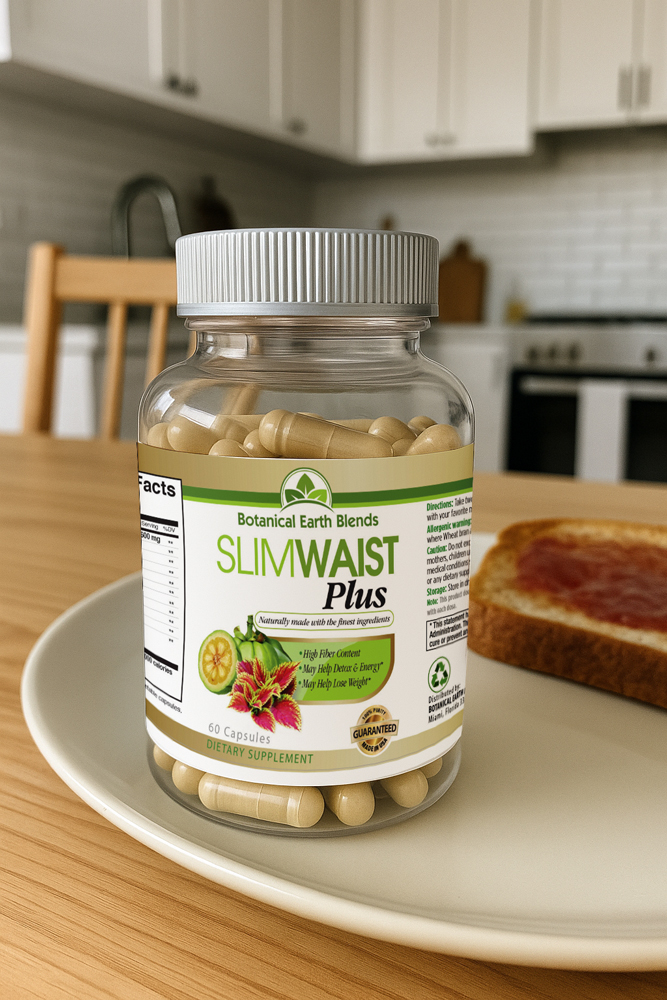 Frasco de SlimWaist Plus sobre plato en cocina, junto a una tostada con mermelada