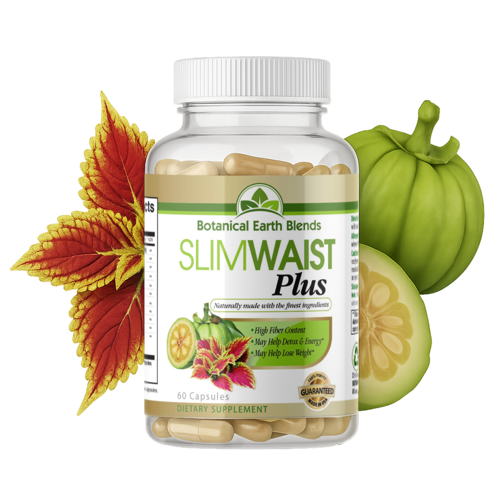 Frasco de SlimWaist Plus con cápsulas, hojas rojas y fruta Garcinia Cambogia al fondo