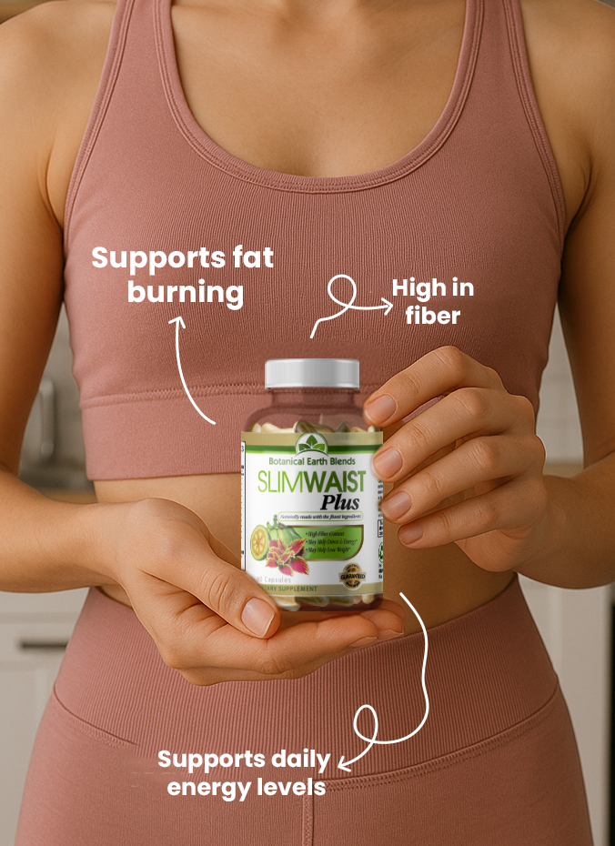 Woman holding SlimWaist Plus supplement bottle – supports fat burning, daily energy, and is high in fiber